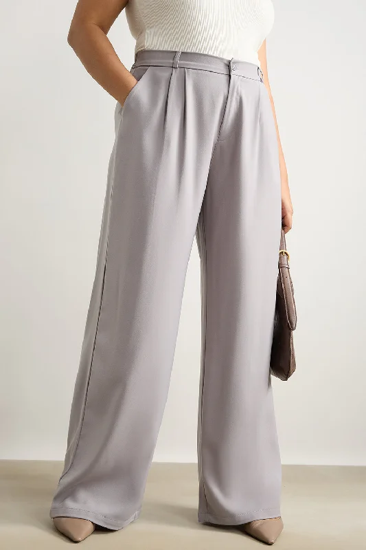 Energetic Light Grey Pleated Straight Fit Curve Korean Pant