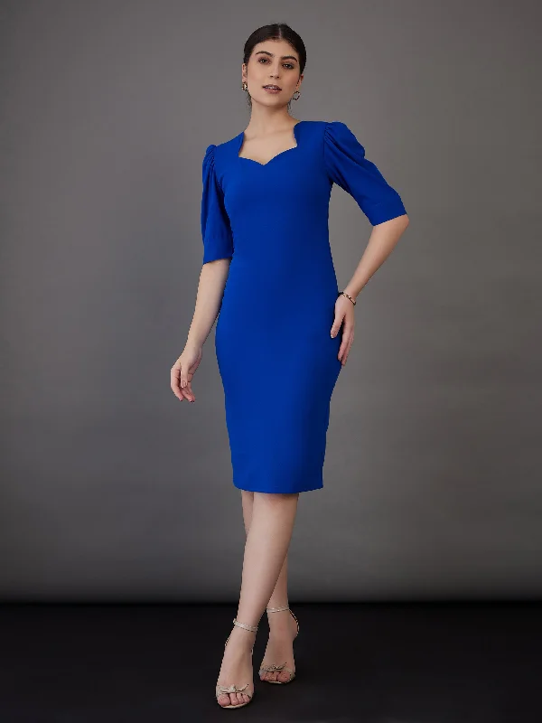 Street Letter Style Women Royal Blue Sweetheart Neck Bodycon Midi Dress