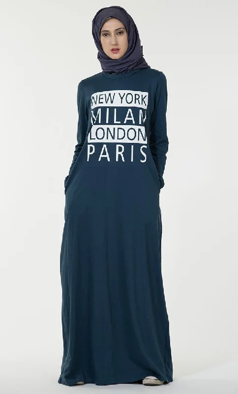 Fashionable Ease New York Milan London Paris text baisc everyday wear Abaya dress