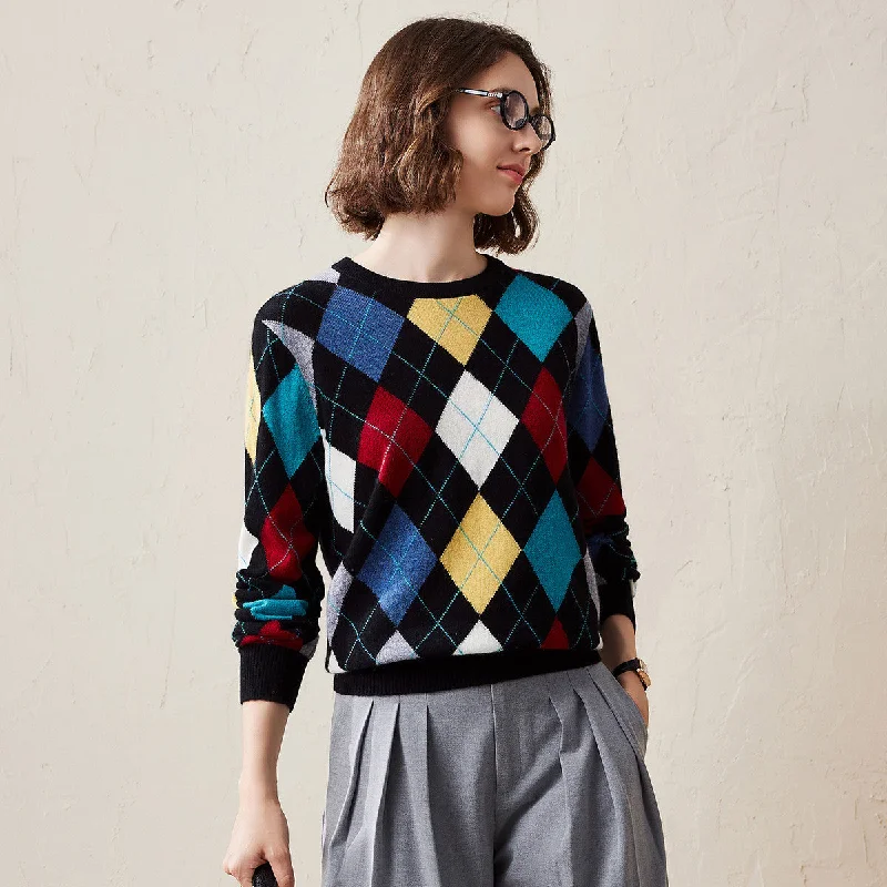 Versatile Wear 100% Cashmere Argyle Pattern Colorful Knitted Sweater