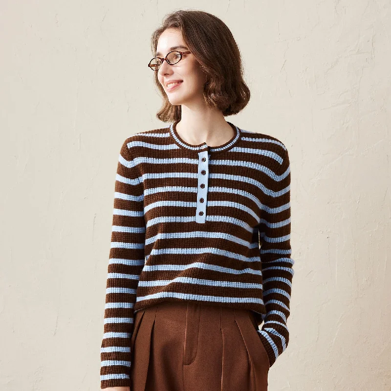 Energy Wear 100% Cashmere Striped Knit Henley Sweater