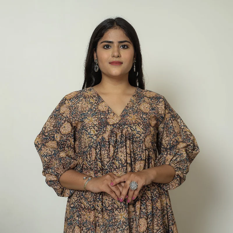 Alice style Black - Pedana Kalamkari Block Printed Cotton Flared Gher Dress 07