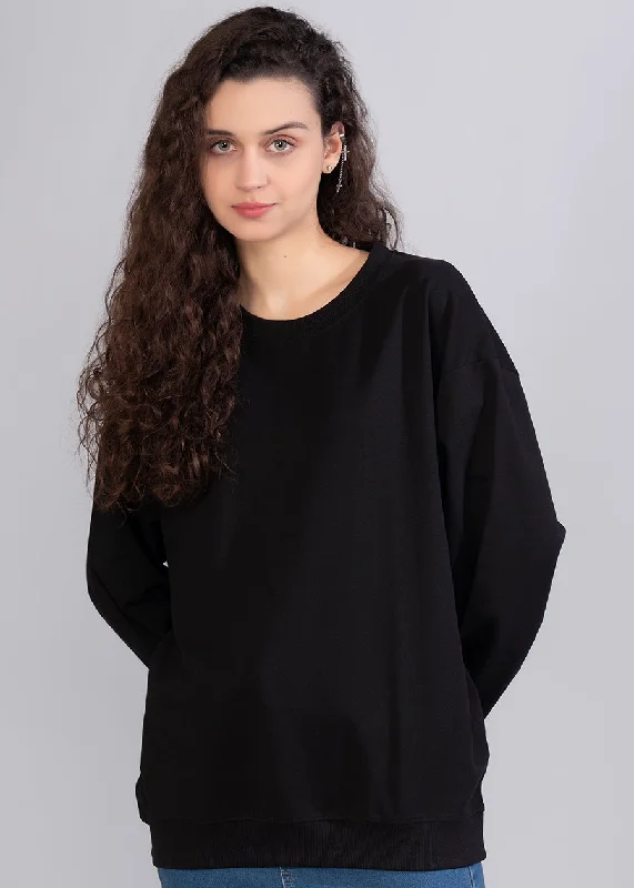 Fashion Must-have Solid Black Women Drop Shoulder Sweatshirt | Pronk