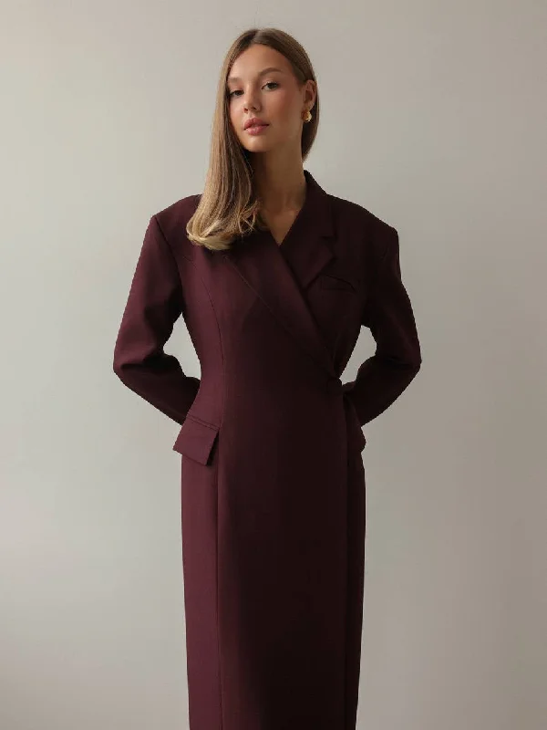 Extra long version Burgundy Wrap Midi Dress with Blazer Detail