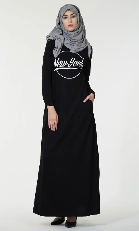All-Day Comfort New York text baisc everyday wear Abaya dress