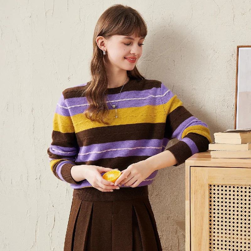 Stretch Design 100% Wool Womens Cozy Striped Knit Sweater
