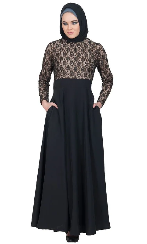 Comfortable Fashion Floral lace work gown style flared abaya dress