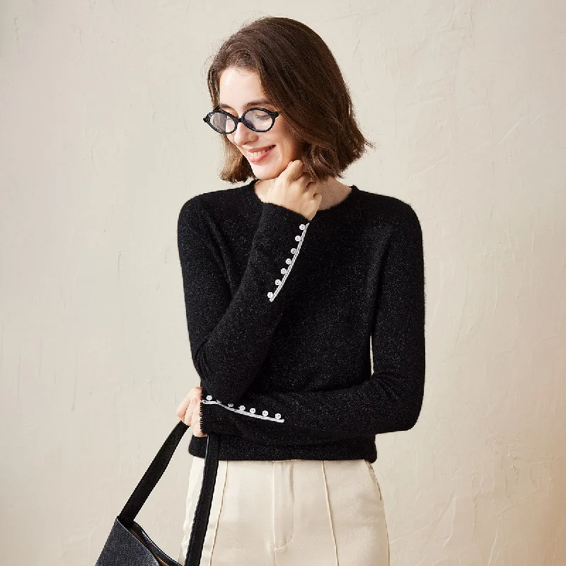 Personalized Design Premium Worsted Cashmere Knit Sweater with Buttoned Cuffs