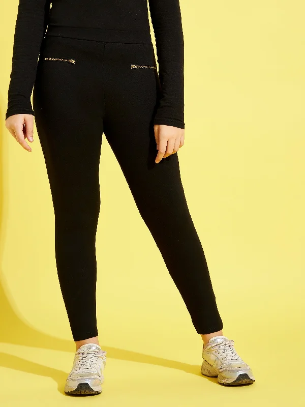Sports suit style Girls Black Pocket Zipper Jeggings