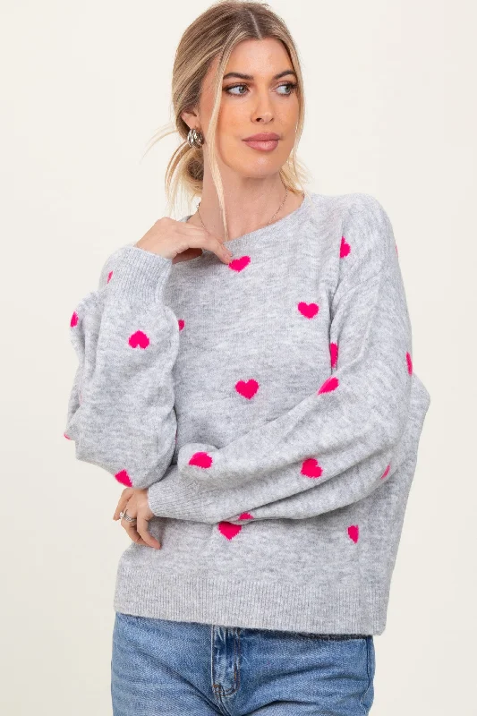Cool Breeze At Night Heather Grey Heart Print Oversized Sweater