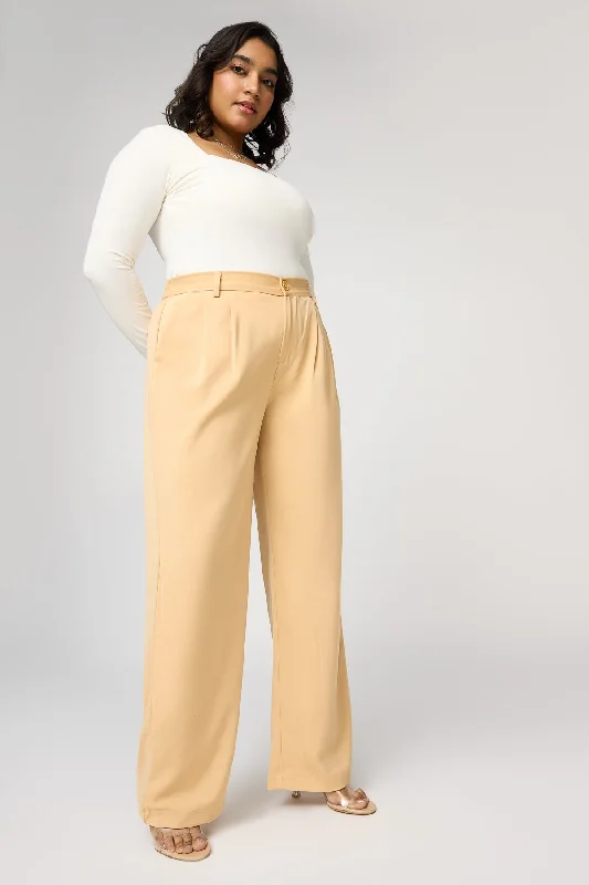 Sports Style Nude Beige Curve Pleated Straight Korean Pants