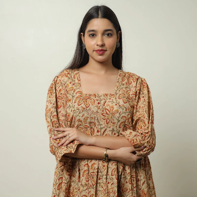Cozy Look Beige - Kalamkari Block Printed Cotton Tiered Dress 10