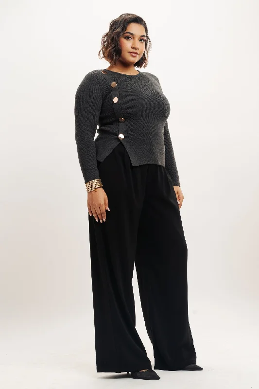 Comfortable Fashion Black Pleated Straight Fit Curve Korean Pant
