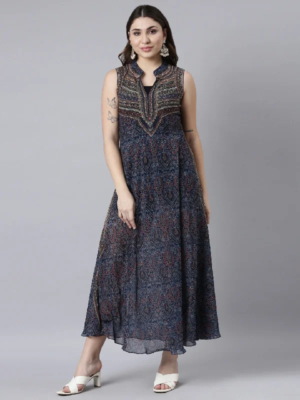 Sports Casual Style Neerus Navy Blue High-Low Casual Floral A-Line Dresses