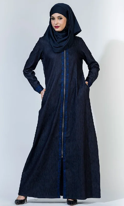 Breezy Style Front Open Denim Embroidered Abaya/ Jilbab