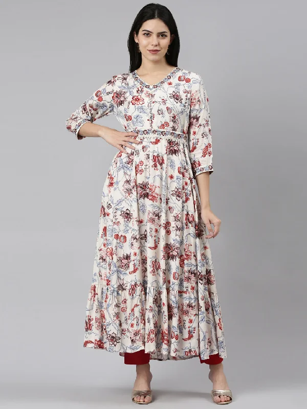 Street Vertical And Horizontal Design Neeru's White Straight Casual Printed Maxi Dresses