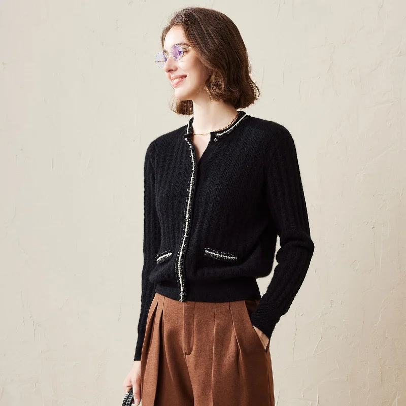 Sports Style 100% Cashmere Faux Cardigan Sweater with Decorative Pockets