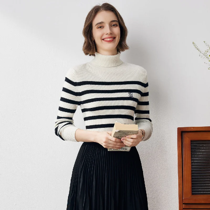 Celebrity Style 100% Cashmere Striped Turtleneck Knit Sweater