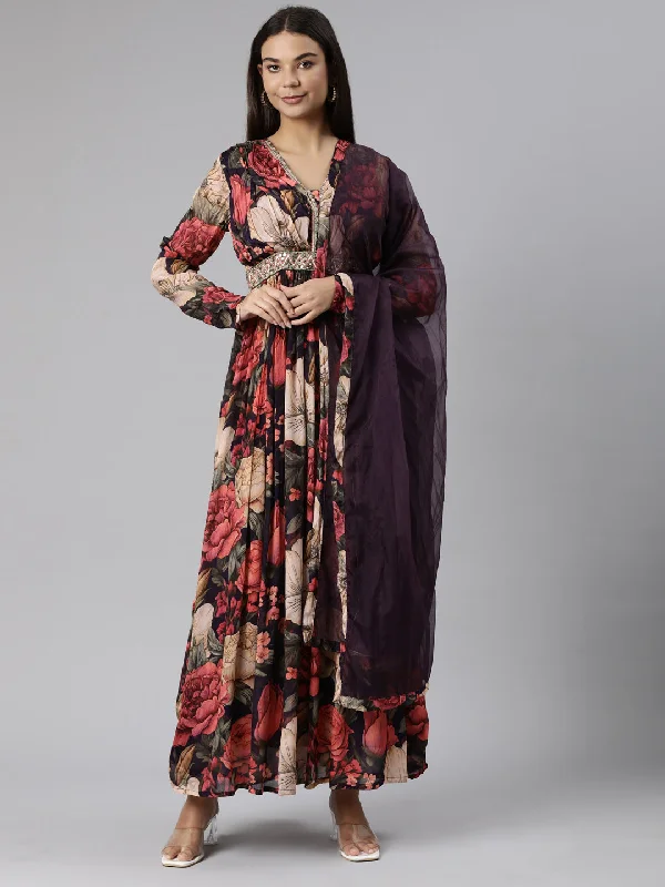 High waist design Neeru's Cream Flared Casual Floral Dresses
