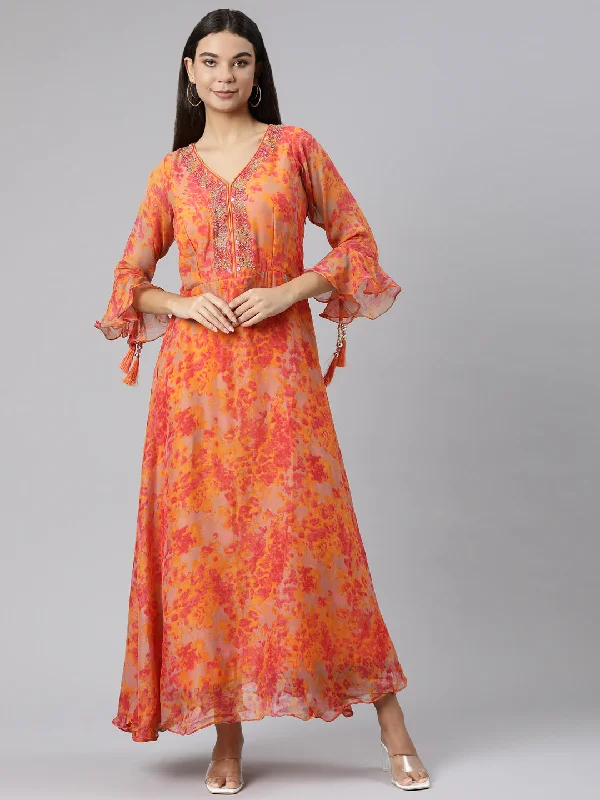 Fashionable sports Neeru's Orange Straight Casual Floral Dresses