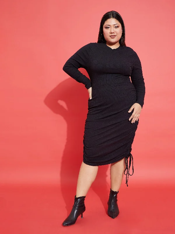 Casual And Versatile Women Black Rib Side Ruching Bodycon Dress